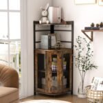 Corner Bar Cabinet, Rustic Brown, 47×47×130 cm, 2 Mesh Doors, Glass Holders, Adjustable Shelf, Anti-Tip Devices, Engineered Wood & Metal - Image 2
