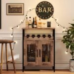 Wine Bar Cabinet, Grey Wash, 60 x 34 x 79 cm, Mesh-Door Cupboard with Glass Holder & Removable 4-Bottle Rack, Engineered Wood & Metal - Image 2