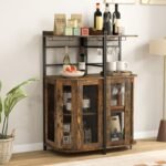 Corner Bar Cabinet, Rustic Brown, 47×47×130 cm, 2 Mesh Doors, Glass Holders, Adjustable Shelf, Anti-Tip Devices, Engineered Wood & Metal - Image 3