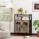 Wine Bar Cabinet, Grey Wash, 60 x 34 x 79 cm, Mesh-Door Cupboard with Glass Holder & Removable 4-Bottle Rack, Engineered Wood & Metal - Image 6