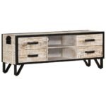 vidaXL Solid Acacia Wood TV Stand, 110 × 30 × 41 cm, 4 Drawers & 2 Open Compartments, Grey - Image 9